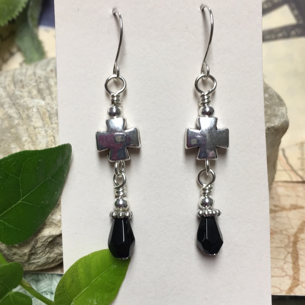 Sterling ear wires Silver cross black teardrop - Picture 3 of 4